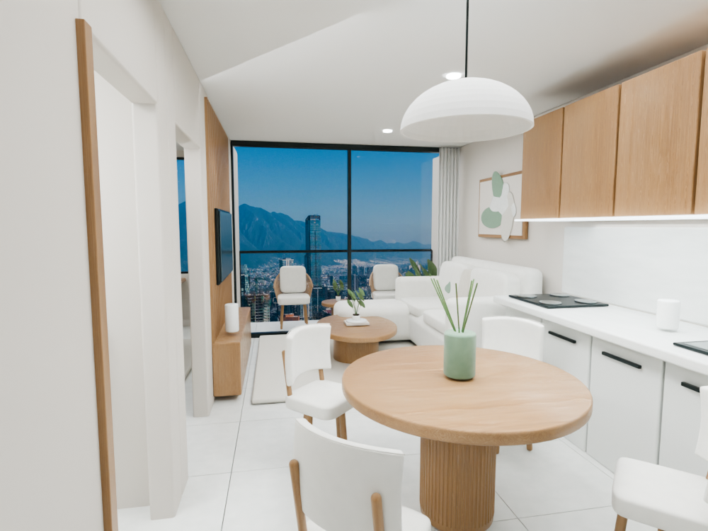 Propuesta de sala con acabados claros, mobiliario neutro y luz natural
